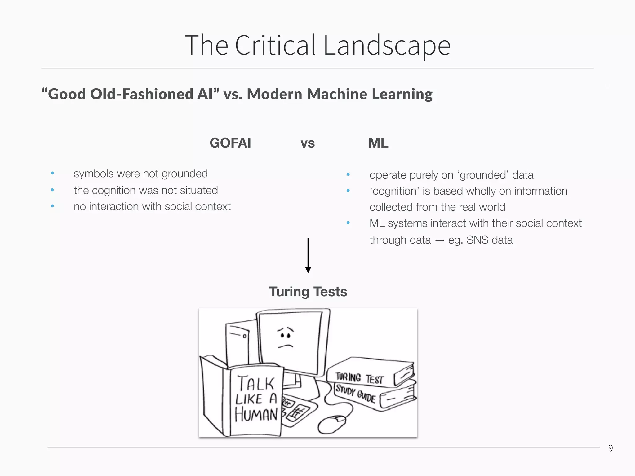GOFAI vs ML
• symbols were not grounded
• the cognition was not situated
• no interaction with social context
• operate purely on ‘grounded’ data
• ‘cognition’ is based wholly on information
collected from the real world
• ML systems interact with their social context
through data — eg. SNS data
Turing Tests
The Critical Landscape
“Good Old-Fashioned AI” vs. Modern Machine Learning
10
“What if the human and computer cannot be distinguished because
the human has become too much like a computer?”
 