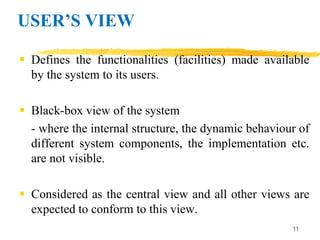 USER’S VIEW
 Defines the functionalities (facilities) made available
by the system to its users.
 Black-box view of the system
- where the internal structure, the dynamic behaviour of
different system components, the implementation etc.
are not visible.
 Considered as the central view and all other views are
expected to conform to this view.
11
 