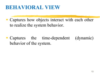 BEHAVIORAL VIEW
 Captures how objects interact with each other
to realize the system behavior.
 Captures the time-dependent (dynamic)
behavior of the system.
13
 