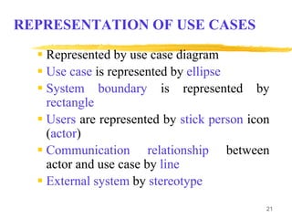 21
REPRESENTATION OF USE CASES
 Represented by use case diagram
 Use case is represented by ellipse
 System boundary is represented by
rectangle
 Users are represented by stick person icon
(actor)
 Communication relationship between
actor and use case by line
 External system by stereotype
 