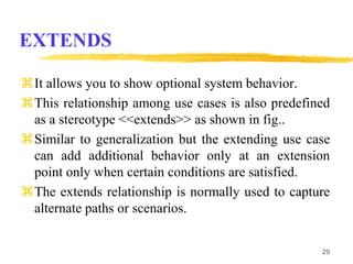 EXTENDS
It allows you to show optional system behavior.
This relationship among use cases is also predefined
as a stereotype <<extends>> as shown in fig..
Similar to generalization but the extending use case
can add additional behavior only at an extension
point only when certain conditions are satisfied.
The extends relationship is normally used to capture
alternate paths or scenarios.
29
 