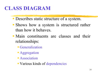 34
CLASS DIAGRAM
 Describes static structure of a system.
 Shows how a system is structured rather
than how it behaves.
 Main constituents are classes and their
relationships:
 Generalization
 Aggregation
 Association
 Various kinds of dependencies
 