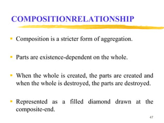 COMPOSITIONRELATIONSHIP
 Composition is a stricter form of aggregation.
 Parts are existence-dependent on the whole.
 When the whole is created, the parts are created and
when the whole is destroyed, the parts are destroyed.
 Represented as a filled diamond drawn at the
composite-end.
47
 