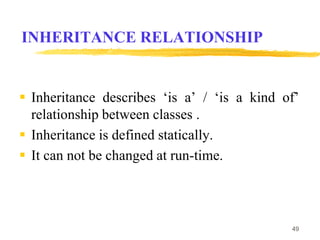 INHERITANCE RELATIONSHIP
 Inheritance describes ‘is a’ / ‘is a kind of’
relationship between classes .
 Inheritance is defined statically.
 It can not be changed at run-time.
49
 
