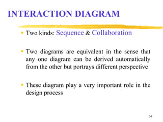 54
INTERACTION DIAGRAM
 Two kinds: Sequence & Collaboration
 Two diagrams are equivalent in the sense that
any one diagram can be derived automatically
from the other but portrays different perspective
 These diagram play a very important role in the
design process
 