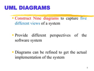 8
 Construct Nine diagrams to capture five
different views of a system
 Provide different perspectives of the
software system
 Diagrams can be refined to get the actual
implementation of the system
UML DIAGRAMS
 