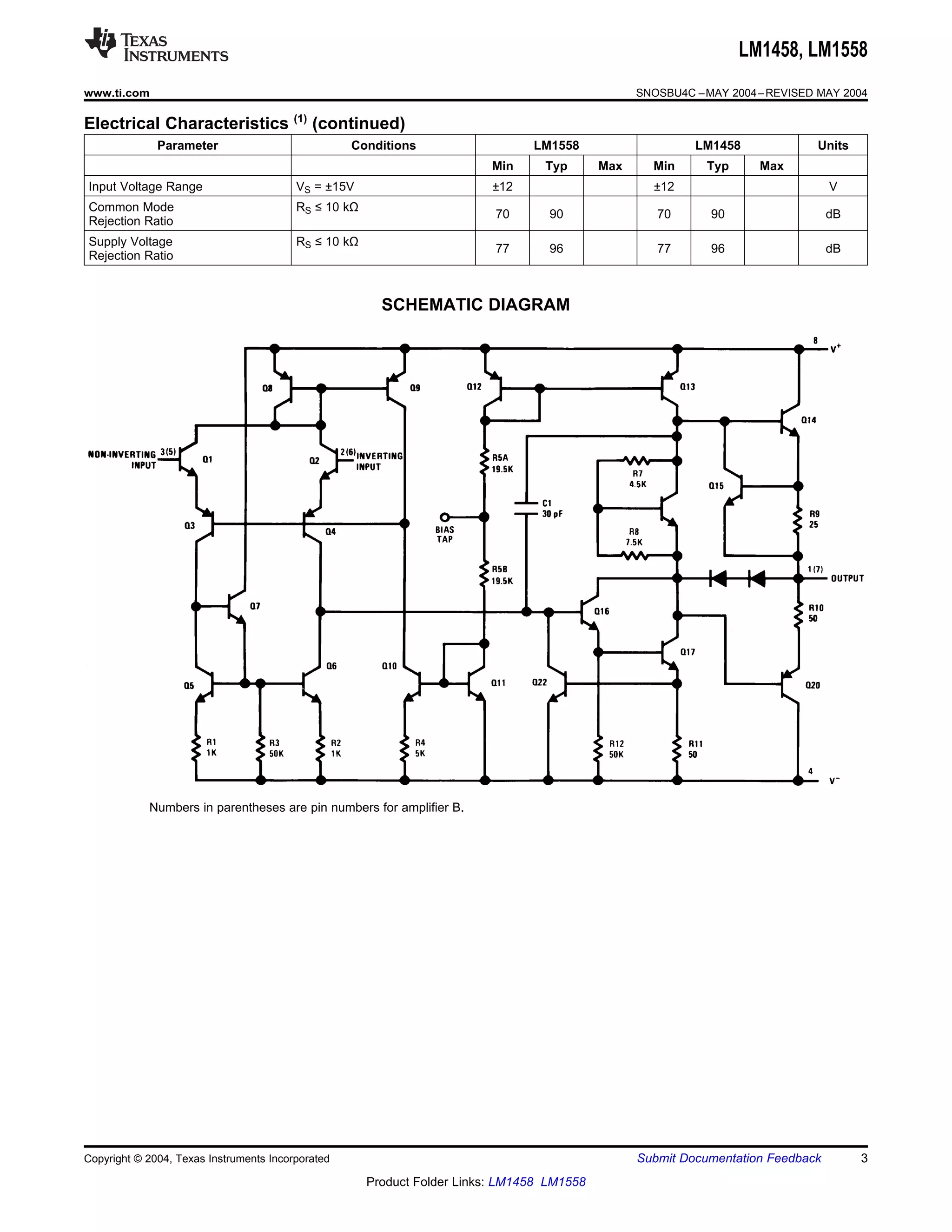 LM1458, LM1558
www.ti.com                                                                                        SNOSBU4C – MAY 2004 – REVISED MAY 2004

Electrical Characteristics (1) (continued)
              Parameter                            Conditions                   LM1558                     LM1458              Units
                                                                          Min     Typ       Max     Min      Typ      Max
Input Voltage Range                      VS = ±15V                        ±12                       ±12                           V
Common Mode                              RS ≤ 10 kΩ
                                                                          70       90                70       90                  dB
Rejection Ratio
Supply Voltage                           RS ≤ 10 kΩ
                                                                          77       96                77       96                  dB
Rejection Ratio



                                                        SCHEMATIC DIAGRAM




            Numbers in parentheses are pin numbers for amplifier B.




Copyright © 2004, Texas Instruments Incorporated                                                  Submit Documentation Feedback        3
                                                      Product Folder Links: LM1458 LM1558
 