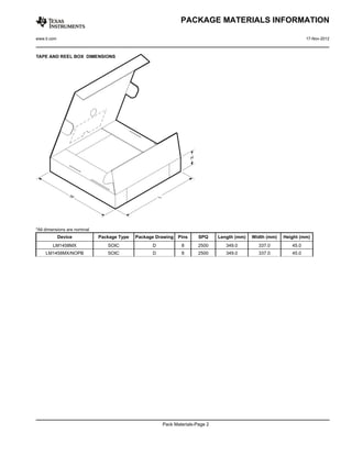 PACKAGE MATERIALS INFORMATION

www.ti.com                                                                                                          17-Nov-2012




*All dimensions are nominal
             Device           Package Type   Package Drawing   Pins    SPQ     Length (mm)   Width (mm)   Height (mm)
        LM1458MX                 SOIC              D            8      2500       349.0        337.0         45.0
     LM1458MX/NOPB               SOIC              D            8      2500       349.0        337.0         45.0




                                                       Pack Materials-Page 2
 