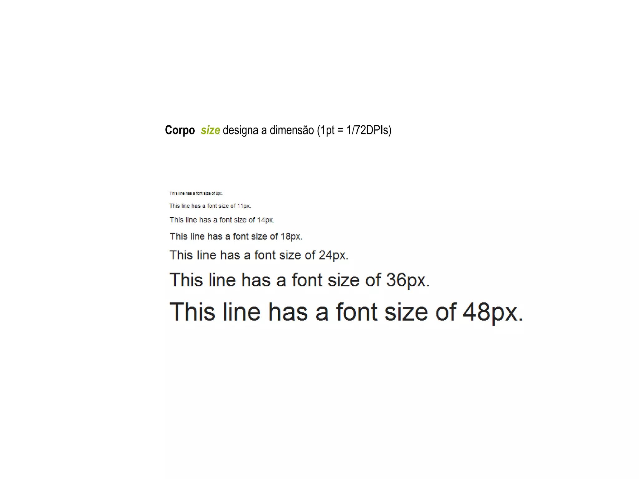 Corpo size designa a dimensão (1pt = 1/72DPIs)
 