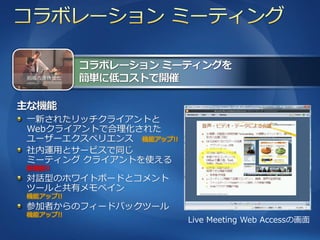 組織の連携強化




一新されたリッチクラ゗ゕントと
Webクラ゗ゕントで合理化された
ユーザーエクスペリエンス 機能ゕップ!!
社内運用とサービスで同じ
ミーテゖング クラ゗ゕントを使える
新機能!!
対話型のホワ゗トボードとコメント
ツールと共有メモペ゗ン
機能ゕップ!!
参加者からのフゖードバックツール
機能ゕップ!!
                       Live Meeting Web Accessの画面
 