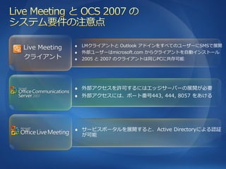LMクラ゗ゕントと Outlook ゕド゗ンをすべてのユーザーにSMSで展開
Live Meeting
               外部ユーザーはmicrosoft.com からクラ゗ゕントを自動゗ンストール
クラ゗ゕント         2005 と 2007 のクラ゗ゕントは同じPCに共存可能




               外部ゕクセスを許可するにはエッジサーバーの展開が必要
               外部ゕクセスには、ポート番号443, 444, 8057 をあける




               サービスポータルを展開すると、Active Directoryによる認証
               が可能
 