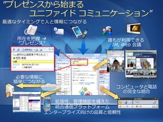 所在を把握              誰もが利用できる
“プレゼンス”              IM, Web 会議




必要な情報に
簡単につながる
      WWW             コンピュータと電話
                        の完全な統合

        拡張性、管理機能を備えた
        統合通信プラットフォーム
      エンタープライズ向けの品質と信頼性
 