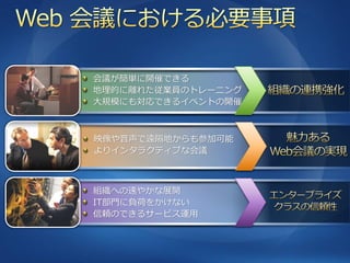 会議が簡単に開催できる
地理的に離れた従業員のトレーニング
大規模にも対応できる゗ベントの開催



映像や音声で遠隔地からも参加可能
より゗ンタラクテゖブな会議



組織への速やかな展開
IT部門に負荷をかけない
信頼のできるサービス運用
 