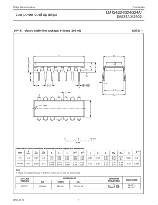 Philips Semiconductors                                                  Product data

                                                          LM124/224/324/324A/
  Low power quad op amps
                                                               SA534/LM2902


DIP14: plastic dual in-line package; 14 leads (300 mil)                SOT27-1




2002 Jul 12                                         9
 