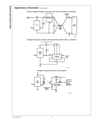 Applications Information (Continued)
Remote Voltage-to-Frequency Converter with 2-Wire Transmitter and Receiver
00568014
Voltage-to-Frequency Converter with Square-Wave Output Using ÷ 2 Flip-Flop
00568015
Voltage-to-Frequency Converter with Isolators
00568016
LM231A/LM231/LM331A/LM331
www.national.com 12
 