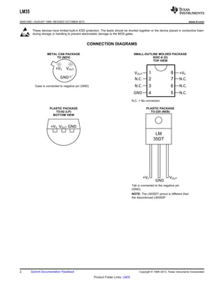 +VS VOUT
GND
LM
35DT
+VS VOUT GND
+VSVOUT
GND
N.C.
N.C.
N.C.
N.C.
N.C.
1
2
3
4
8
7
6
5
+VS VOUT
GND J
LM35
SNIS159D –AUGUST 1999–REVISED OCTOBER 2013 www.ti.com
These devices have limited built-in ESD protection. The leads should be shorted together or the device placed in conductive foam
during storage or handling to prevent electrostatic damage to the MOS gates.
CONNECTION DIAGRAMS
METAL CAN PACKAGE SMALL-OUTLINE MOLDED PACKAGE
TO (NDV) SOIC-8 (D)
TOP VIEW
Case is connected to negative pin (GND)
N.C. = No connection
PLASTIC PACKAGE PLASTIC PACKAGE
TO-92 (LP) TO-220 (NEB)
BOTTOM VIEW
Tab is connected to the negative pin
(GND).
NOTE: The LM35DT pinout is different than
the discontinued LM35DP
2 Submit Documentation Feedback Copyright © 1999–2013, Texas Instruments Incorporated
Product Folder Links: LM35
 