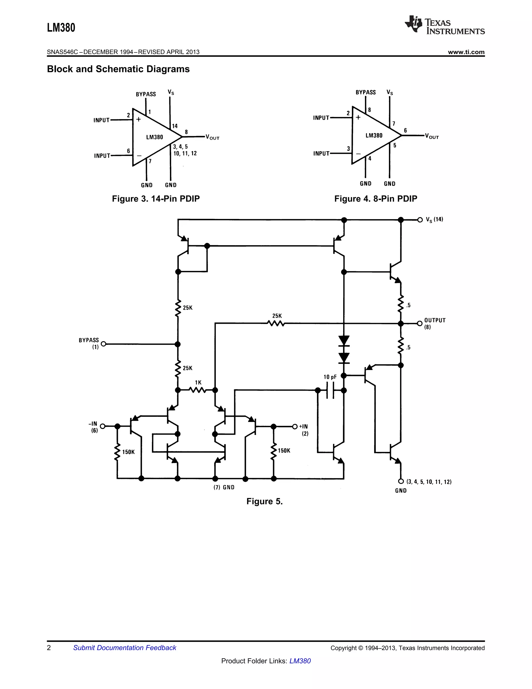 LM380
SNAS546C –DECEMBER 1994–REVISED APRIL 2013 www.ti.com
Block and Schematic Diagrams
Figure 3. 14-Pin PDIP Figure 4. 8-Pin PDIP
Figure 5.
2 Submit Documentation Feedback Copyright © 1994–2013, Texas Instruments Incorporated
Product Folder Links: LM380
 
