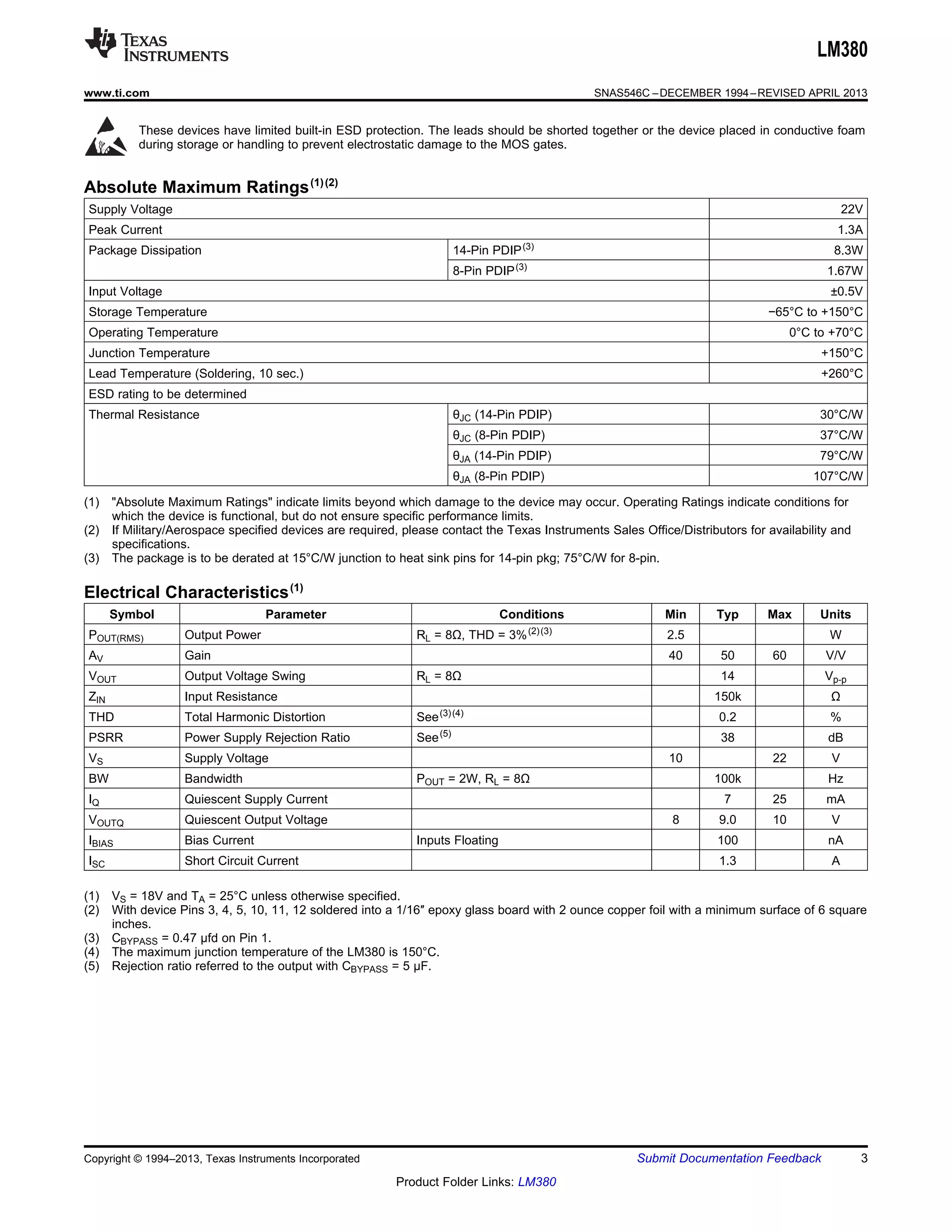 LM380
www.ti.com SNAS546C –DECEMBER 1994–REVISED APRIL 2013
These devices have limited built-in ESD protection. The leads should be shorted together or the device placed in conductive foam
during storage or handling to prevent electrostatic damage to the MOS gates.
Absolute Maximum Ratings(1)(2)
Supply Voltage 22V
Peak Current 1.3A
Package Dissipation 14-Pin PDIP(3)
8.3W
8-Pin PDIP(3)
1.67W
Input Voltage ±0.5V
Storage Temperature −65°C to +150°C
Operating Temperature 0°C to +70°C
Junction Temperature +150°C
Lead Temperature (Soldering, 10 sec.) +260°C
ESD rating to be determined
Thermal Resistance θJC (14-Pin PDIP) 30°C/W
θJC (8-Pin PDIP) 37°C/W
θJA (14-Pin PDIP) 79°C/W
θJA (8-Pin PDIP) 107°C/W
(1) "Absolute Maximum Ratings" indicate limits beyond which damage to the device may occur. Operating Ratings indicate conditions for
which the device is functional, but do not ensure specific performance limits.
(2) If Military/Aerospace specified devices are required, please contact the Texas Instruments Sales Office/Distributors for availability and
specifications.
(3) The package is to be derated at 15°C/W junction to heat sink pins for 14-pin pkg; 75°C/W for 8-pin.
Electrical Characteristics(1)
Symbol Parameter Conditions Min Typ Max Units
POUT(RMS) Output Power RL = 8Ω, THD = 3%(2)(3)
2.5 W
AV Gain 40 50 60 V/V
VOUT Output Voltage Swing RL = 8Ω 14 Vp-p
ZIN Input Resistance 150k Ω
THD Total Harmonic Distortion See(3)(4)
0.2 %
PSRR Power Supply Rejection Ratio See(5)
38 dB
VS Supply Voltage 10 22 V
BW Bandwidth POUT = 2W, RL = 8Ω 100k Hz
IQ Quiescent Supply Current 7 25 mA
VOUTQ Quiescent Output Voltage 8 9.0 10 V
IBIAS Bias Current Inputs Floating 100 nA
ISC Short Circuit Current 1.3 A
(1) VS = 18V and TA = 25°C unless otherwise specified.
(2) With device Pins 3, 4, 5, 10, 11, 12 soldered into a 1/16″ epoxy glass board with 2 ounce copper foil with a minimum surface of 6 square
inches.
(3) CBYPASS = 0.47 μfd on Pin 1.
(4) The maximum junction temperature of the LM380 is 150°C.
(5) Rejection ratio referred to the output with CBYPASS = 5 μF.
Copyright © 1994–2013, Texas Instruments Incorporated Submit Documentation Feedback 3
Product Folder Links: LM380
 