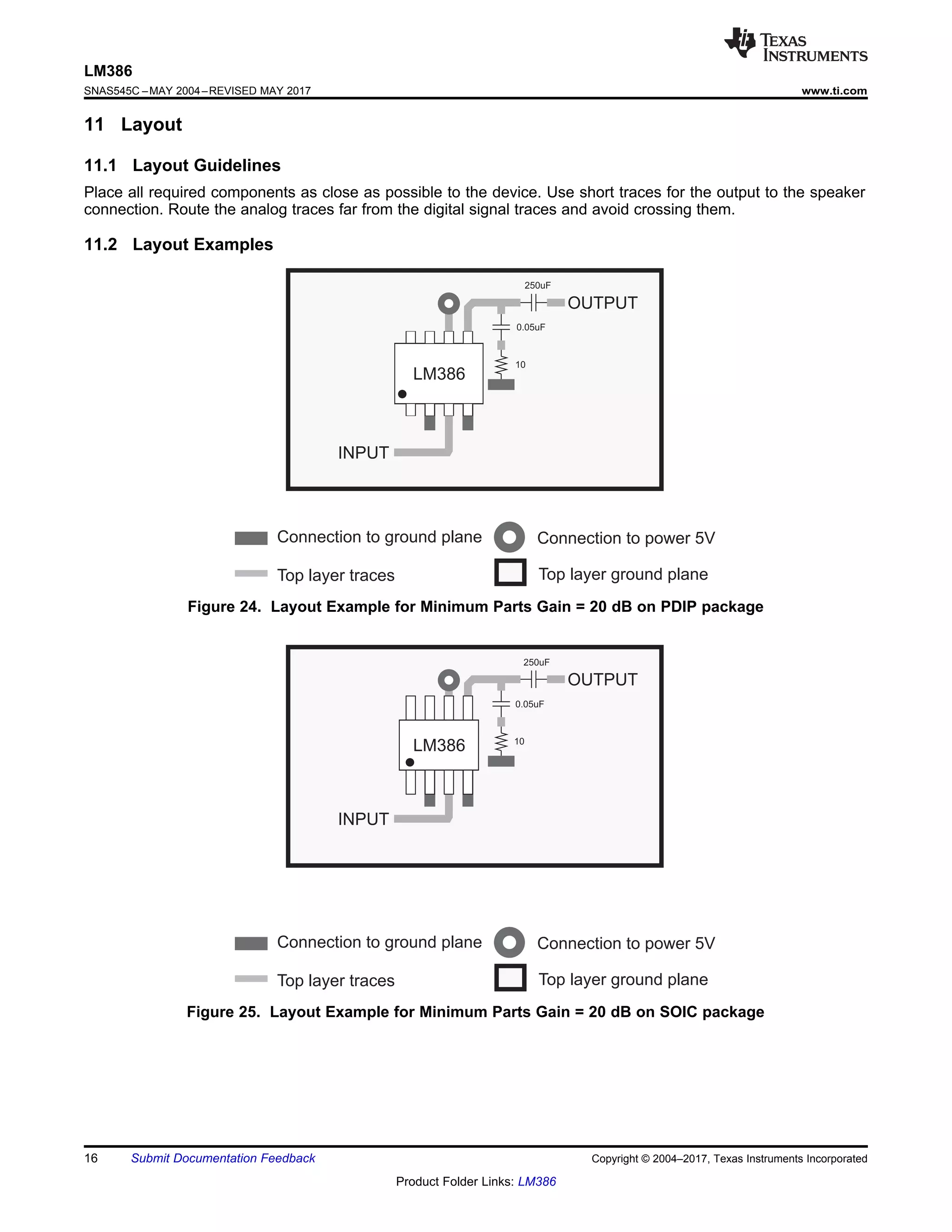 OUTPUT
LM386 10
0.05uF
250uF
INPUT
Connection to ground plane Connection to power 5V
Top layer traces Top layer ground plane
OUTPUT
LM386
10
0.05uF
250uF
INPUT
Connection to ground plane Connection to power 5V
Top layer traces Top layer ground plane
16
LM386
SNAS545C –MAY 2004–REVISED MAY 2017 www.ti.com
Product Folder Links: LM386
Submit Documentation Feedback Copyright © 2004–2017, Texas Instruments Incorporated
11 Layout
11.1 Layout Guidelines
Place all required components as close as possible to the device. Use short traces for the output to the speaker
connection. Route the analog traces far from the digital signal traces and avoid crossing them.
11.2 Layout Examples
Figure 24. Layout Example for Minimum Parts Gain = 20 dB on PDIP package
Figure 25. Layout Example for Minimum Parts Gain = 20 dB on SOIC package
 