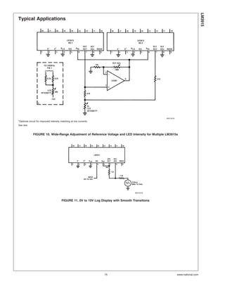 Typical Applications
00510418
*Optional circuit for improved intensity matching at low currents.
See text.
FIGURE 10. Wide-Range Adjustment of Reference Voltage and LED Intensity for Multiple LM3915s
00510419
FIGURE 11. 0V to 10V Log Display with Smooth Transitions LM3915
www.national.com15
 