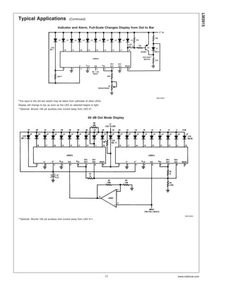 Typical Applications (Continued)
Indicator and Alarm, Full-Scale Changes Display from Dot to Bar
00510422
*The input to the dot bar switch may be taken from cathodes of other LEDs.
Display will change to bar as soon as the LED so selected begins to light.
**Optional. Shunts 100 µA auxiliary sink current away from LED #1.
60 dB Dot Mode Display
00510423
**Optional. Shunts 100 µA auxiliary sink current away from LED #11.
LM3915
www.national.com17
 