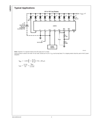 Typical Applications
0V to 10V Log Display
00510401
Notes: Capacitor C1 is required if leads to the LED supply are 6" or longer.
Circuit as shown is wired for dot mode. For bar mode, connect pin 9 to pin 3. VLED must be kept below 7V or dropping resistor should be used to limit IC power
dissipation.
LM3915
www.national.com 2
 