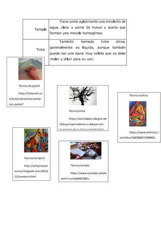 Temple
Tiene como aglutinante una emulsión de
agua, clara y yema de huevo y aceite que
forman una mezcla homogénea.
Tinta
También llamada tinta china,
generalmente es líquida, aunque también
puede ser una barra muy sólida que se debe
moler y diluir para su uso.
Técnica tempera
http://artepinturat
ecnica.blogspot.com/2013/
11/tempera.html
Técnica acrílica
https://www.artelista.c
om/obra/1643046571498402-
abandonotecnicaacrilicosobrete
la.html
Técnica de pastel
https://totenart.co
m/tutoriales/como-pintar-
con-pastel/
Técnica temple
https://www.youtube.com/w
atch?v=xmGdMQT89Cc
Técnica tinta
https://actividades.dibujos.net
/dibujar/aprendemos-a-dibujar-con-
la-tecnica-de-la-tinta-soplada.html
 