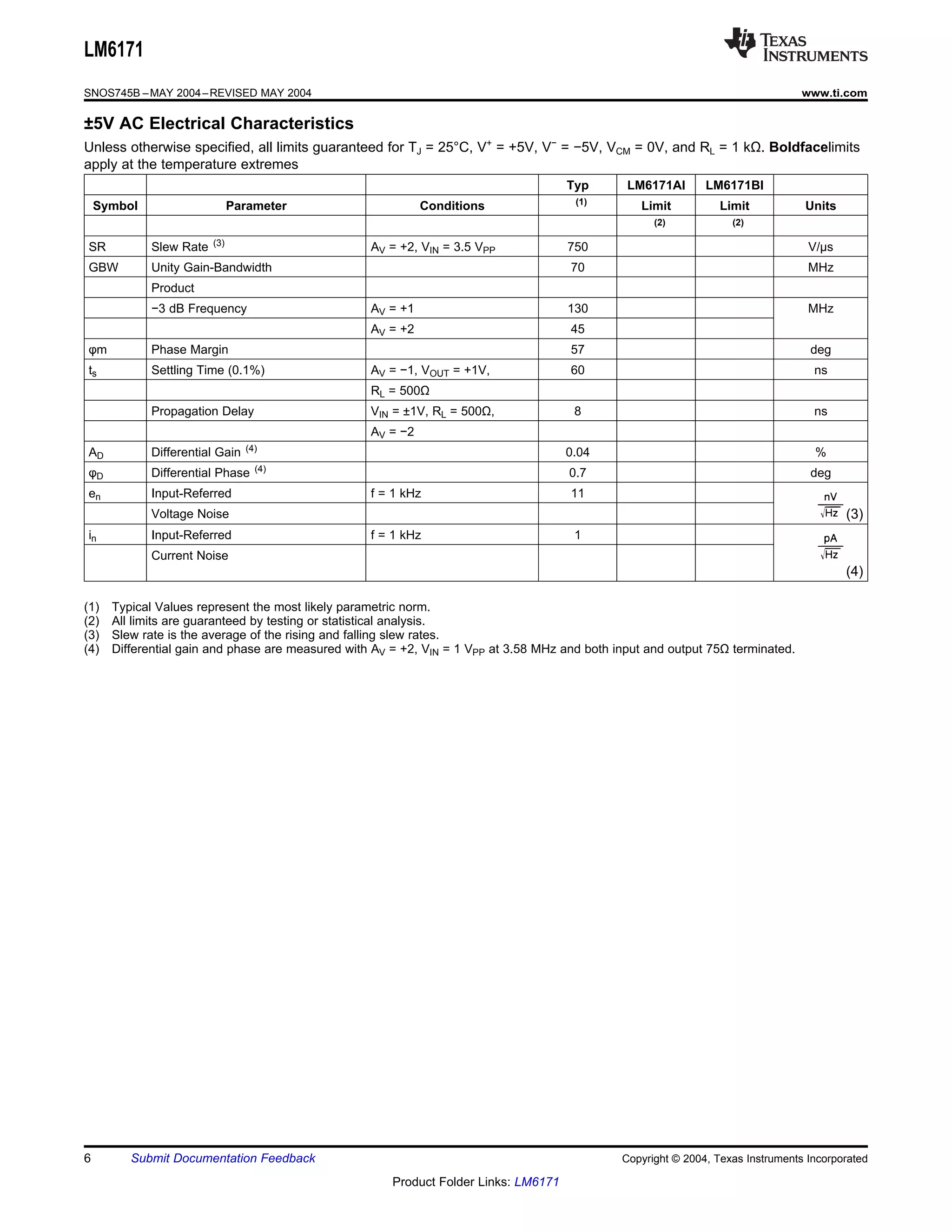 LM6171
SNOS745B – MAY 2004 – REVISED MAY 2004                                                                                            www.ti.com

±5V AC Electrical Characteristics
Unless otherwise specified, all limits guaranteed for TJ = 25°C, V+ = +5V, V− = −5V, VCM = 0V, and RL = 1 kΩ. Boldfacelimits
apply at the temperature extremes
                                                                                      Typ       LM6171AI       LM6171BI
                                                                                       (1)
    Symbol                     Parameter                     Conditions                           Limit           Limit           Units
                                                                                                     (2)            (2)

                         (3)
SR           Slew Rate                             AV = +2, VIN = 3.5 VPP             750                                          V/μs
GBW          Unity Gain-Bandwidth                                                     70                                           MHz
             Product
             −3 dB Frequency                       AV = +1                            130                                          MHz
                                                   AV = +2                            45
φm           Phase Margin                                                             57                                           deg
ts           Settling Time (0.1%)                  AV = −1, VOUT = +1V,               60                                            ns
                                                   RL = 500Ω
             Propagation Delay                     VIN = ±1V, RL = 500Ω,               8                                            ns
                                                   AV = −2
                                 (4)
AD           Differential Gain                                                        0.04                                          %
                                   (4)
φD           Differential Phase                                                       0.7                                          deg
en           Input-Referred                        f = 1 kHz                          11
             Voltage Noise                                                                                                                (3)
in           Input-Referred                        f = 1 kHz                           1
             Current Noise
                                                                                                                                          (4)

(1)   Typical Values represent the most likely parametric norm.
(2)   All limits are guaranteed by testing or statistical analysis.
(3)   Slew rate is the average of the rising and falling slew rates.
(4)   Differential gain and phase are measured with AV = +2, VIN = 1 VPP at 3.58 MHz and both input and output 75Ω terminated.




6        Submit Documentation Feedback                                                         Copyright © 2004, Texas Instruments Incorporated

                                                       Product Folder Links: LM6171
 
