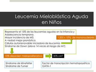 Leucemia Mieloblástica Aguda
                 en Niños
Representa el 15% de las leucemias agudas en la infancia y
Adolescencia temprana.
Mayor incidencia de M3.                    1:200 x 10ª6 de mononucleares
A <edad mejor pronóstico.
Células autorrenovable iniciadora de leucemia
Síndrome de Down (eleva 14 veces el riesgo de M7)



10% desorden mieloproliferativo           30% LM7


Síndrome de klinefelter           Factor de transcripción hematopoyética
Síndrome de Turner                GATA-1
 