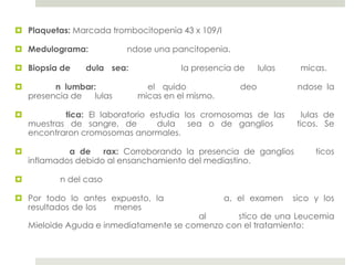  Plaquetas: Marcada trombocitopenia 43 x 109/l

 Medulograma:             ndose una pancitopenia.

 Biopsia de     dula sea:             la presencia de     lulas    micas.

         n lumbar:            el quido              deo            ndose la
    presencia de   lulas     micas en el mismo.

           tica: El laboratorio estudia los cromosomas de las       lulas de
    muestras de sangre, de         dula sea o de ganglios          ticos. Se
    encontraron cromosomas anormales.

            a de    rax: Corroborando la presencia de ganglios         ticos
    inflamados debido al ensanchamiento del mediastino.

          n del caso

 Por todo lo antes expuesto, la                  a, el examen     sico y los
  resultados de los  menes
                                         al      stico de una Leucemia
    Mieloide Aguda e inmediatamente se comenzo con el tratamiento:
 