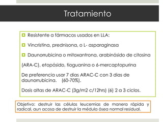 Tratamiento

   Resistente a fármacos usados en LLA:

   Vincristina, prednisona, o L- asparaginasa

   Daunorrubicina o mitoxantrona, arabinósido de citosina

  (ARA-C), etopósido, tioguanina o 6-mercaptopurina

  De preferencia usar 7 dias ARAC-C con 3 dias de
  daunorrubicina. (60-70%).

  Dosis altas de ARAC-C (3g/m2 c/12hrs) (6) 2 a 3 ciclos.


Objetivo: destruir las células leucemias de manera rápida y
radical, aun acosa de destruir la médula ósea normal residual.
 