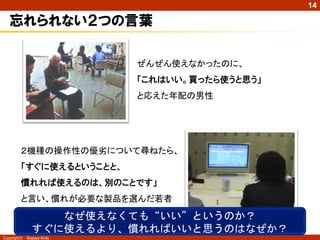 14

忘れられない２つの言葉
ぜんぜん使えなかったのに、

「これはいい。買ったら使うと思う」
と応えた年配の男性

２機種の操作性の優劣について尋ねたら、

「すぐに使えるということと、
慣れれば使えるのは、別のことです」
と言い、慣れが必要な製品を選んだ若者

なぜ使えなくても“いい”というのか？
すぐに使えるより、慣れればいいと思うのはなぜか？
Copyright ©

Masaya Ando

 