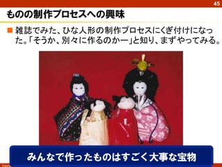 45

ものの制作プロセスへの興味
 雑誌でみた、ひな人形の制作プロセスにくぎ付けになっ
た。「そうか、別々に作るのかー」と知り、まずやってみる。

みんなで作ったものはすごく大事な宝物
Copyright ©

Masaya Ando

 