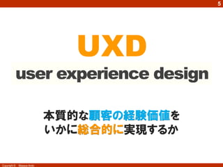 5

UXD
UX

user experience
user experience design
顧客の経験価値
本質的な顧客の経験価値を
総合的に
いかに総合的に実現するか
Copyright ©

Masaya Ando

 