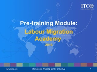 ©InternationalTrainingCentreoftheILO2007
www.itcilo.org International Training Centre of the ILO 1
Pre-training Module:
Labour Migration
Academy
2013
 