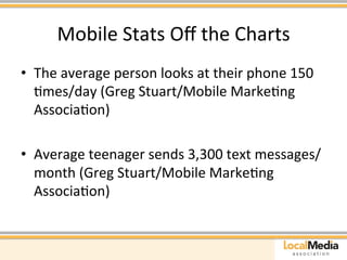Mobile 
Stats 
Off 
the 
Charts 
• The 
average 
person 
looks 
at 
their 
phone 
150 
Ames/day 
(Greg 
Stuart/Mobile 
MarkeAng 
AssociaAon) 
• Average 
teenager 
sends 
3,300 
text 
messages/ 
month 
(Greg 
Stuart/Mobile 
MarkeAng 
AssociaAon) 
 