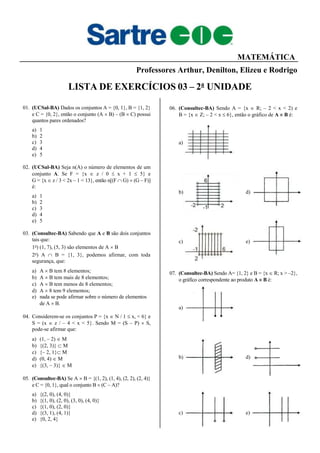 MATEMÁTICA
Professores Arthur, Denilton, Elizeu e Rodrigo
LISTA DE EXERCÍCIOS 03 – 2a
UNIDADE
01. (UCSal-BA) Dados os conjuntos A = {0, 1}, B = {1, 2}
e C = {0, 2}, então o conjunto (A  B) – (B  C) possui
quantos pares ordenados?
a) 1
b) 2
c) 3
d) 4
e) 5
02. (UCSal-BA) Seja n(A) o número de elementos de um
conjunto A. Se F = {x  z / 0  x + 1  5} e
G = {x  z / 3 < 2x – 1 < 13}, então n[(F  G)  (G – F)]
é:
a) 1
b) 2
c) 3
d) 4
e) 5
03. (Consultec-BA) Sabendo que A e B são dois conjuntos
tais que:
1o
) (1, 7), (5, 3) são elementos de A  B
2o
) A  B = {1, 3}, podemos afirmar, com toda
segurança, que:
a) A  B tem 8 elementos;
b) A  B tem mais de 8 elementos;
c) A  B tem menos de 8 elementos;
d) A  8 tem 9 elementos;
e) nada se pode afirmar sobre o número de elementos
de A  B.
04. Considerem-se os conjuntos P = {x  N / 1  x, < 6} e
S = (x  z / – 4 < x < 5}. Sendo M = (S – P)  S,
pode-se afirmar que:
a) (1, – 2)  M
b) {(2, 3)}  M
c) {– 2, 1} M
d) (0, 4)  M
e) {(3, – 3)}  M
05. (Consultec-BA) Se A  B = {(1, 2), (1, 4), (2, 2), (2, 4)}
e C = {0, 1}, qual o conjunto B  (C – A)?
a) {(2, 0), (4, 0)}
b) {(1, 0), (2, 0), (3, 0), (4, 0)}
c) {(1, 0), (2, 0)}
d) {(3, 1), (4, 1)}
e) {0, 2, 4}
06. (Consultec-BA) Sendo A = {x  R; – 2 < x < 2) e
B = {x  Z; – 2 < x  6}, então o gráfico de A  B é:
a)
b) d)
c) e)
07. (Consultec-BA) Sendo A= {1, 2} e B = {x  R; x > –2},
o gráfico correspondente ao produto A  B é:
a)
b) d)
c) e)
 