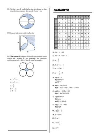 11
103.Calcular a área da região hachurada, sabendo que as duas
circunferências menores têm raios de 3 cm e 1 cm.
104.Calcular a área da região hachurada.
105.(Mackenzie-SP) Quatro círculos de raio unitário, cujos
centros são vértices de um quadrado, são tangentes
exteriormente dois a dois. A área da parte hachurada é:
a) 32 – 
b) 23 – 
c)
2

d) 4 – 
e) 5 – 
GABARITO
0 1 2 3 4 5 6 7 8 9
0 – A A A E E A D E E
1 A D C E B C D E  B
2 D A B  D E C E C 
3  B B   B C C C 
4     A A E E E C
5 A D D A A B D D B A
6 C C A D B E D B C A
7 10 B 60 40 C A B   B
8 E B 2   C    E
9    B      
10      D – – – –
18. 08 + 32 = 40
23. 01 + 04 + 16 = 21
29. a =
2
1
30. f(x) = 3x – 1
33. y = – 2x + 11
34. y = 5
2
x


39. a) 16,7 o
C
b) 100,40 o
F
c) 32 o
F
40. a) c = 0,8x + 800
b) P = 0,2x – 800 > 1000 = x > 900
41. a) R(x) = 0,02x + 800
b) x > R$ 70 000,00
42. a) R$ 900,00
b) isento
c) R$ 28 400,00
43. a) y = 75x + 300
b) 2 025
77.  1312 
78. C = 105º
83. 5 ou 3
84.
4
3
xcos
86. 72
 