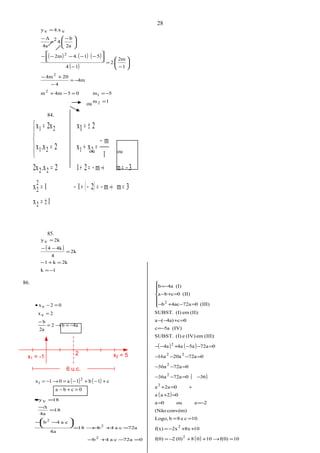 4ab2
2a
b
2vx
02vx
−=→=
−
=
=−•
( ) ( )
0cba
c1b1a01x 2
1
=+−
+−+−=→−=
x1 = -1
2 x2 = 5
6 u.c.
072aca4b
72aca4b18
4a
ca4b
18
4a
Δ
18vy
2
2
2
=−+−
=+−→=
−−
=
−
=





•
( ) ( )
( )
( )
( ) 10f(0)1008(0)2f(0)
108x2xf(x)
10.ce8bLogo,
convém)(Não
2aou0a
02aa
02aa
36072a36a
072a36a
072a20a16a
072a5a4a4a
:(III)em(IV)e(I)SUBST.
(IV)5ac
0c4a)(a
:(II)em(I)SUBST.
(III)072a4acb
(II)0cba
(I)4ab
2
2
2
2
2
22
2
2
=→++−=
++−=
==
−==
=+
=+
−=−−
=−−
=−−−
=−−+−−
−=
=+−−
=−+−
=+−
−=






( ) ( ) ( )
( )
1m
5m054mm
4m
4
204m
1
2m
2.
14
514.2m
2a
b
4.2
4a
Δ
v4.xvy
2
1
2
2
2
=
−==−+
−=
−
+−
−
=
−
−−−−−
−
=
−
=















84.
( )
1x
3mm211x
3mm212.x2x
1
m
xx2.xx
21x2xx
2
2
2
22
2121
21
±=
=→−=−+−=
−=→−=+=
−
=+=
±==




85.
( )
1k
2kk1
2k
4
4k4
2kvy
−=
=+−
=
−−
=
86.
28
ou
ouou
÷
 