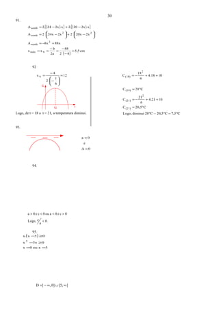t12
C
91.
( )[ ] ( )[ ]
( )
cm5,5
82
88
2a
b
vxx
88x8xA
2x20x22x24x2A
.x2x202..x2x242.A
máx
2
somb
22
somb
somb
=
−
−
=
−
==
+−=
−+−=
−+−=









92
C7,5C20,5C28diminuiLogo,
C20,5C
104.21
6
21
C
C28C
104.18
6
18
C12
6
1
2
4
vx
(21)
2
(21)
(18)
2
(18)
°=°−°
°=
++−=
°=
++−==
−
−
=






93.
0Δ
e
0a
<
<
94.
0.
a
cLogo,
0ce0aou0ce0a
<
><<>
95.
( )
5ou x0x
05xx
05xx.
2
==
≥−
≥−
[[5;0],]D ∞∪∞−=
30
Logo, de t = 18 a t = 21, a temperatura diminui.
 
