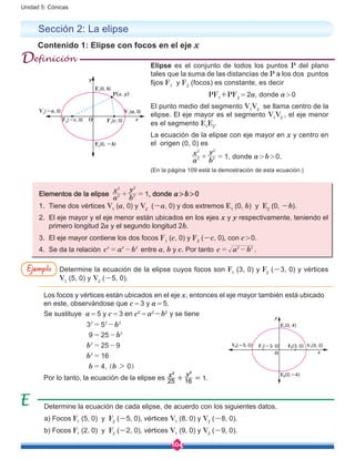 104
Unidad 5: Cónicas
Sección 2: La elipse
Contenido 1: Elipse con focos en el eje x
Determine la ecuación de cada elipse, de acuerdo con los siguientes datos.
a) Focos F1
(5, 0) y F2
(-5, 0), vértices V1
(8, 0) y V2
(-8, 0).
b) Focos F1
(2, 0) y F2
(-2, 0), vértices V1
(9, 0) y V2
(-9, 0).
Elipse es el conjunto de todos los puntos P del plano
tales que la suma de las distancias de P a los dos puntos
fijos F1
y F2
(focos) es constante, es decir
		 PF1
+PF2
 = 2a, donde a > 0
El punto medio del segmento V1
V2
se llama centro de la
elipse. El eje mayor es el segmento V1
V2
, el eje menor
es el segmento E1
E2
.
La ecuación de la elipse con eje mayor en x y centro en
el origen (0, 0) es
		
a
x
b
y
12
2
2
2
+ = , donde a > b > 0.
(En la página 109 está la demostración de esta ecuación.)
Elementos de la elipse
a
x
b
y
12
2
2
2
+ = , donde a > b > 0
1.	 Tiene dos vértices V1
(a, 0) y V2
(-a, 0) y dos extremos E1
(0, b) y E2
(0, -b).
2.	 El eje mayor y el eje menor están ubicados en los ejes x y y respectivamente, teniendo el
primero longitud 2a y el segundo longitud 2b.
3.	 El eje mayor contiene los dos focos F1
(c, 0) y F2
(-c, 0), con c > 0.
4.	 Se da la relación c a b2 2 2
= - entre a, b y c. Por tanto c a b2 2
= - .
Determine la ecuación de la elipse cuyos focos son F1
(3, 0) y F2
(-3, 0) y vértices
V1
(5, 0) y V2
(-5, 0).
Los focos y vértices están ubicados en el eje x, entonces el eje mayor también está ubicado
en este, observándose que c = 3 y a = 5.
Se sustituye a = 5 y c = 3 en c2
 = a2
-b2
y se tiene
		
b
b
b
b
b b
3 5
9 25
25 9
16
4 0,
2 2 2
2
2
2
2
= -
= -
= -
=
= ^ h
Por lo tanto, la ecuación de la elipse es x y
25 16 1
2 2
+ = .
Ejemplo
Definición
y
x
P(x, y)
F2
(-c, 0) F1
(c, 0)O
V2
(-a, 0) V1
(a, 0)
E1
(0, b)
E2
(0, -b)
y
x
F๜(3, 0)
E๜(0,-4)
F๛(-3, 0)
E๛(0, 4)
V๛(5, 0)V๜(-5, 0)
O
 