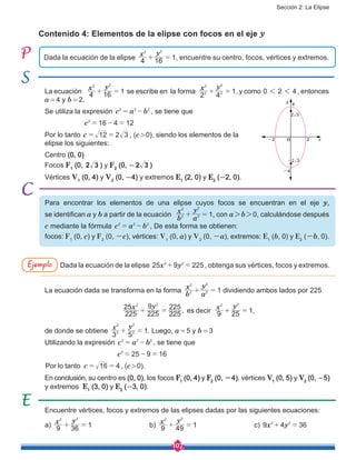 Sección 2: La Elipse
107
La ecuación se escribe en la forma
x y x y
4 16 1
2 4
1
2 2
2
2
2
2
+ = + = , y como 0 2 41 1 , entonces
a = 4 y b = 2.
Se utiliza la expresión c a b2 2 2
= - , se tiene que
c 16 4 122
= - =
Por lo tanto c 12 2 3= = , (c > 0), siendo los elementos de la
elipse los siguientes:
Centro (0, 0)
Focos F1
(0, 2 3 ) y F2
(0, - 2 3 )
Vértices V1
(0, 4) y V2
(0, -4) y extremos E1
(2, 0) y E2
(-2, 0).
Encuentre vértices, focos y extremos de las elipses dadas por las siguientes ecuaciones:
a)
x y
9 36 1
2 2
+ = 			b)
x y
9 49 1
2 2
+ = 			c) x y9 4 362 2
+ =
Dada la ecuación de la elipse x y25 9 2252 2
+ = , obtenga sus vértices, focos y extremos.
La ecuación dada se transforma en la forma
b
x
a
y
12
2
2
2
+ = dividiendo ambos lados por 225
x y x y
225
25
225
9
225
225
9 25 1, es decir
2 2 2 2
+ = + = ,
de donde se obtiene
x y
3 5
12
2
2
2
+ = . Luego, a = 5 y b = 3
Utilizando la expresión c a b2 2 2
= - , se tiene que
			 c 25 9 162
= - =
c 16 4Por lo tanto = = , (c > 0).
En conclusión, su centro es (0, 0), los focos F1
(0, 4) y F2
(0, -4), vértices V1
(0, 5) y V2
(0, -5)
y extremos E1
(3, 0) y E2
(-3, 0).
Ejemplo
Dada la ecuación de la elipse
x y
4 16 1
2 2
+ = , encuentre su centro, focos, vértices y extremos.
Para encontrar los elementos de una elipse cuyos focos se encuentran en el eje y,
se identifican a y b a partir de la ecuación
b
x
a
y
12
2
2
2
+ = , con a > b > 0, calculándose después
c mediante la fórmula c a b2 2 2
= - , De esta forma se obtienen:
focos: F1
(0, c) y F2
(0, -c), vértices: V1
(0, a) y V2
(0, -a), extremos: E1
(b, 0) y E2
(-b, 0).
Contenido 4: Elementos de la elipse con focos en el eje y
y
xO-2 2
4
2 3-
2 3
-4
 