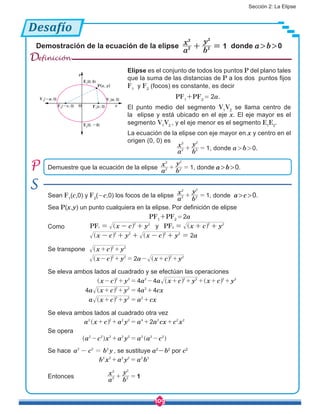 Sección 2: La Elipse
109
Desafío
Demostración de la ecuación de la elipse
a
x
b
y
12
2
2
2
+ = donde a > b > 0
Demuestre que la ecuación de la elipse
a
x
b
y
12
2
2
2
+ = , donde a > b > 0.
Sean F1
(c,0) y F2
(-c,0) los focos de la elipse
a
x
b
y
12
2
2
2
+ = , donde a > c > 0.
Sea P(x,y) un punto cualquiera en la elipse. Por definición de elipse
PF1
+PF2
 = 2a
Como PF PFx c y x c y
x c y x c y a2
y1
2 2
2
2 2
2 2 2 2
= - + = + +
- + + - + =^
^
^
^
h
h
h
h
Se transpone x c y
x c y a x c y2
2 2
2 2 2 2
+ +
- + = - + +
^
^ ^
h
h h
Se eleva ambos lados al cuadrado y se efectúan las operaciones
	
x c y a a x c y x c y
a x c y a cx
a x c y a cx
4 4
4 4 4
2 2 2 2 2 2 2
2 2 2
2 2 2
- + = - + + + + +
+ + = +
+ + = +
^
^
^ ^ ^
h
h
h h h
Se eleva ambos lados al cuadrado otra vez
a x c a y a a cx c x22 2 2 2 4 2 2 2
+ + = + +^ h
Se opera
a c x a y a a c2 2 2 2 2 2 2 2
- + = -^ ^h h
Se hace a c b y2 2 2
- = , se sustituye a2
-b2
por c2
b x a y a b2 2 2 2 2 2
+ =
Entonces
a
x
b
y
12
2
2
2
+ =
Elipse es el conjunto de todos los puntos P del plano tales
que la suma de las distancias de P a los dos puntos fijos
F1
y F2
(focos) es constante, es decir
			 PF1
+PF2
 =  2a.
El punto medio del segmento V1
V2
se llama centro de
la elipse y está ubicado en el eje x. El eje mayor es el
segmento V1
V2
, y el eje menor es el segmento E1
E2
.
La ecuación de la elipse con eje mayor en x y centro en el
origen (0, 0) es
			
a
x
b
y
12
2
2
2
+ = , donde a > b > 0.
Definición
y
x
P(x, y)
F2
(-c, 0) F1
(c, 0)O
V2
(-a, 0) V1
(a, 0)
E1
(0, b)
E2
(0, -b)
 