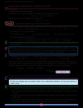 122
Unidad 6: Técnicas de Conteo y Probabilidades
Contenido 4: Factorial de un número natural
Factorial de un número natural
El factorial de un número natural n, denotado por n!, se define como
!n n n n1 2 3 2 1g= - -^ ^ ^ ^ ^h h h h h.
El símbolo n! se lee “n factorial”. En particular,
0! = 0 y 1! = 1
1! = 1 2! = (2)(1) = 2 3! =  4! =  5! = 
Al calcular 3! , 4! y 5! se obtiene
! ! !3 3 2 1 6 4 4 3 2 1 24 5 5 4 3 2 1 120= = = = = =^ ^ ^ ^ ^ ^ ^ ^ ^ ^ ^ ^h h h h h h h h h h h h
De modo que la tabla completa es
1! = 1 2! = (2)(1) = 2 3! = 6 4! = 24 5! = 120
Calcule 6! y 7!
a)	 ¿Cuántos y cuáles arreglos pueden obtenerse con las letras de la palabra “paz”?
b)	 En una clase de danza participan 5 bailarines. ¿De cuántas maneras pueden colocarse
en fila?
c)	 ¿De cuántas formas se puede confeccionar una bandera de 4 franjas de distinto color
cada una?
d)	 El dueño de una librería desea exponer en un escaparate 6 banderines correspondientes
a 6 países. ¿De cuántas maneras puede hacerlo si los quiere colocar en fila?
1
2
¿Cuáles y cuántos números de tres cifras puede formar utilizando los dígitos 1, 2 y 3?,
¿importa el lugar que ocupa cada cifra en los arreglos encontrados? Recuerde la escritura
de un número de tres cifras en centenas, decenas y unidades:
Arreglos que inician con 1: Arreglos que inician con 2: Arreglos que inician con 3:
123, 132 213, 231 312, 321
Se tienen 6 números de tres cifras, lo cual se verifica aplicando el principio de la multiplicación:
Se puede ubicar cualquiera de los 3 dígitos en la posición de las centenas, ocupada esta
posición quedan 2 para las decenas, y luego de esto solamente 1 para las unidades:
Centenas Decenas Unidades
3 # 2 # 1  = 6
El lugar que ocupa cada dígito es importante porque se generan diferentes arreglos.
Ejemplo
!3 3 2 1 6= =^ ^ ^h h h
El total de arreglos que se pueden hacer con n elementos distintos, en los que importa el
orden, es n!.
C D U
Complete las casillas con los factoriales restantes:
 