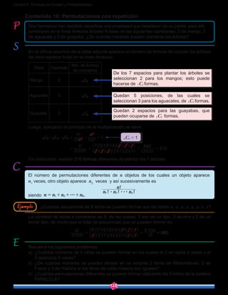 128
Unidad 6: Técnicas de Conteo y Probabilidades
Contenido 10: Permutaciones con repetición
Dos hermanos han decidido repartirse una propiedad que heredaron de su padre, para ello
sembrarán en la línea divisoria árboles frutales en las siguientes cantidades: 2 de mango, 3
de aguacate y 2 de guayaba. ¿De cuántas maneras pueden plantarse los árboles?
En la última columna de la tabla adjunta aparece el número de formas de colocar los árboles
de cada especie frutal en la línea divisoria:
Árbol Cantidad
Nro. de formas
de colocarlos
De los 7 espacios para plantar los árboles se
seleccionan 2 para los mangos; esto puede
hacerse de C7 2 formas.
Mango 2 C7 2
Aguacate 3 C5 3 Quedan 5 posiciones, de las cuales se
seleccionan 3 para los aguacates, de C5 3 formas.
Guayaba 2 C2 2
Quedan 2 espacios para las guayabas, que
pueden ocuparse de C2 2 formas.
Luego, aplicando el principio de la multiplicación se tiene
	 ! !
!
! !
!
C C C 2 5
7
3 2
5
17 2 5 3 2 2$ $ $ $=
.! ! !
!
2 3 2
7
2 1 3 2 1 2 1
7 6 5 4 3 2 1
2 2
840
210= = = =
^
^
^
^
]
^
^
^
^
^
^
^
^
^ ^ ^
h
h
h
h
g
h
h
h
h
h
h
h h
h
h h
En conclusión, existen 210 formas diferentes de plantar los 7 árboles.
Resuelva los siguientes problemas:
a)	 ¿Cuántos números de 5 cifras se pueden formar en los cuales el 2 se repita 2 veces y el
3 aparezca 3 veces?
b)	¿De cuántas maneras se pueden alinear en un estante 2 libros de Matemáticas, 2 de
Física y 3 de Historia si los libros de cada materia son iguales?
c)	 ¿Cuántas permutaciones diferentes se pueden formar utilizando las 8 letras de la palabra
PARALELA?
¿Cuántas secuencias de 8 letras se pueden formar con las letras x, x, x, y, y, y, c, c?
La cantidad de letras a considerar es 8, de las cuales, 3 son de un tipo, 3 de otro y 2 de un
tercer tipo, de modo que el total de secuencias que se pueden formar es:
! ! !
!
3 3 2
8
3 2 1 3 2 1 2 1
8 7 6 5 4 3 2 1
12
6 720
= =
^
^
^
^
^
^
^
^
^
^
^
^ ^
^
^
^h
h
h
h
h
h
h
h
h
h h
h
h
h
h
h
= 560.
Ejemplo
El número de permutaciones diferentes de n objetos de los cuales un objeto aparece
n1
veces, otro objeto aparece n2
veces y así sucesivamente es
! ! !
!
n n n
n
k1 2$ $$$
siendo .
C 1n n =
 