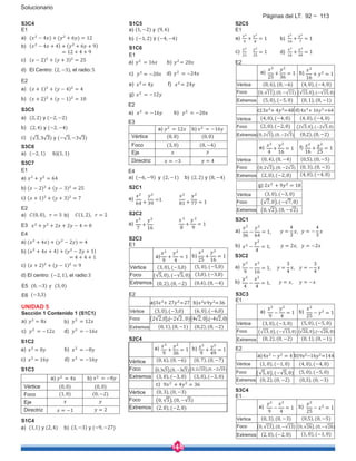 148
Solucionario
S3C4
E1
a)
b) ( ) + ( )
= 12 + 4 + 9
c) ( ) + ( ) = 25
d) El Centro: (2, −3), el radio:5
E2
a) ( ) + ( ) = 4
b) ( ) + ( ) = 10
S3C5
a) (2, 2) y (−2, −2)
b) (2, 4) y (−2, −4)
c) (√3, 3√3) y (−√3, −3√3)
S3C6
a) (−2, 1) b)(1, 1)
S3C7
E1
a) = 64
b) ( ) + ( ) = 25
c) ( ) + ( ) = 7
E2
a) (0, 0) b) (1, 2)
E3
E4
a)
S1C3
a) b)
Vértice (0, 0) (0, 0)
Foco (1, 0) (0, −2)
Eje
Directriz
E5
E6
UNIDAD 5
Sección 1 Contenido 1 (S1C1)
a) b)
c)
d)
d)
S1C2
a)
c)
S1C4
a) (1,1) y (2, 4) b) (3, −3) y (−9, −27)
b) ( ) + ( )
= 4 + 4 + 1
c) ( ) + ( ) = 9
d) El centro: (−2, 1), el radio:3
Vértice (0, 0) (0, 0)
Foco (3, 0) (0, −4)
Eje
Directriz
S1C6
E1
a) b)
d)
e) f)
g)
E2
a) b)
a) b)
Vértice
Foco
Extremos
Vértice
Foco
Extremos
Vértice
Foco
Vértice
Foco
Extremos
E4
E3
a) y b) (2, 2) y (8, −4)(−6, −9) (2, −1)
S2C1
a)
64 + 39 81 + 77 = 1
S2C2
a)
7
+
16 8
+
9
= 1
S2C3
E1
E2
a) b)
S2C4
S1C5 S2C5
E1
a) + = 1 b) + = 1
c) = 1 d) + = 1
E2
Vértice
Foco
Extremos
Vértice
Foco
Extremos
Vértice
Foco
Extremos
Vértice
Foco
Extremos
Vértice
Foco
Extremos
S3C1
S3C3
E1
Vértice
Foco
Extremos
E2
Vértice
Foco
Extremos
S3C4
E1
Páginas del LT: 92 ~ 113
 