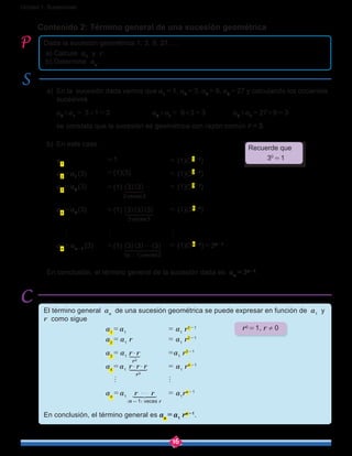 16
Unidad 1: Sucesiones
a)	 En la sucesión dada vemos que a1
 = 1, a2
 = 3, a3
 = 9, a4
 = 27 y calculando los cocientes
sucesivos
	 a2
÷a1
 =  3÷1 = 3		 a2
÷a1
 =  9÷3 = 3		 a2
÷a1
 = 27÷9 = 3
	 se constata que la sucesión es geométrica con razón común r = 3.
b)	 En este caso 	
	 			 					
		 	 	
	 				
	 		 		
	 		
	
En conclusión, el término general de la sucesión dada es an
 = 3n-1
.
a1
= 1 = (1)(31-1
)
a2
 = a1
 (3) = (1)(3) = (1)(32-1
)
a3
 = a2
 (3) = (1) ( )( )3 3
2veces3
1 2 3444 444
= (1)(33-1
)
a4
 = a3
 (3) = (1) ( )( )( )3 3 3
3veces3
1 2 344444 44444
= (1)(34-1
)
h h h
an
 = an-1
 (3) = (1) ( )( ) ( )3 3 3
( 1)veces3n
g
-
1 2 3444444 444444
= (1)(3n-1
) = 3n-1
Contenido 2: Término general de una sucesión geométrica
Dada la sucesión geométrica 1, 3, 9, 27, …
a) Calcule a1
y r.
b) Determine an
.
30
 = 1
r0
 = 1, r ≠ 0
Recuerde que
El término general an
de una sucesión geométrica se puede expresar en función de a1
y
r como sigue
			 a1
 = a1
		 = a1
r1-1
			a2
 = a1
r 		 = a1
r2-1
			 a3
 = a1
r r
r2
$W 		 =a1
r3-1
			
a4
 = a1
r r r
r3
$ $1 2 3444 444 	 = a1
r4-1
			 h	 h
			 an
 = a1
r r
1 vecesn r
$ $ $
-^ h
1 2 34444 4444 	 = a1
rn-1
En conclusión, el término general es an
 = a1
rn-1
.
 