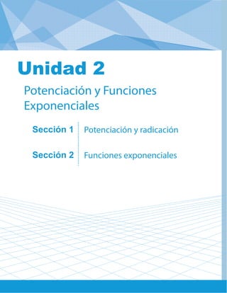 Unidad 2: Potenciación y Funciones Exponenciales
Sección 1
Sección 2
Potenciación y radicación
Funciones exponenciales
Potenciación y Funciones
Exponenciales
Unidad 2
 