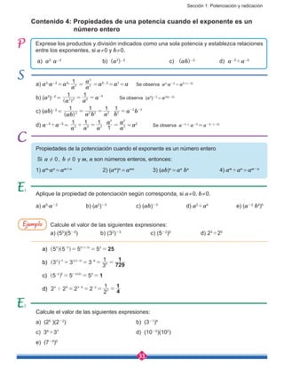 Sección 1: Potenciación y radicación
33
a) a3
∙a-2
 = a3
∙
a
1
2  = 
a
a
2
3
 = a3-2
 = a1
 = a	 Se observa a3
∙a-2
 = a3+(-2)
 
b) (a3
)-2
 = 
a a
a
1 1
3 2 6
6
= = -
] g
	 Se observa (a3
)-2
 = a(3)(-2)
 
c) (ab)-2
 = 
( )ab a b a b
a b
1 1 1 1
2 2 2 2 2
2 2
$= = = - -
d) a-3 'a-5
 = 
a a a
a
a
a1 1 1
13 5 3
5
3
5
' $= = = a2	
Se observa a-3 ' a-5
 = a-3-(-5)
Contenido 4: Propiedades de una potencia cuando el exponente es un 	
número entero
Propiedades de la potenciación cuando el exponente es un número entero
Si a 0! , b 0! y m, n son números enteros, entonces:
1) am
∙an
 = am+n
		 2) (am
)n
 = amn
		 3) (ab)n
 = an
bn
		 4) am 'an
 = am-n
Aplique la propiedad de potenciación según corresponda, si a ≠ 0, b ≠ 0.
a) a5
∙a-2
		 b) (a2
)-3
		 c) (ab)-3	
	d) a2 'a4
		 e) (a-2
b4
)5
Calcule el valor de las siguientes expresiones:
a) (25
)(2-2
)					b) (3-1
)4
c) 34 '37
					d) (10-5
)(102
)
e) (7-4
)0
Exprese los productos y división indicados como una sola potencia y establezca relaciones
entre los exponentes, si a ≠ 0 y b ≠ 0.
a) a3
$a-2
	 	 	 b) (a3
)-2
	 	 	 c)   (ab)-2
	 	 d)  a-3 'a-5
Calcule el valor de las siguientes expresiones:
a) (55
)(5-3
)		 b) (32
)-3
		 c) (5-2
)0
		 d) 23 '25
a) 5 5 5 5 255 3 5 3 2
= = =- + -
^ ^ ^
h h h
		
b) 3 3 3
3
1
729
12 3 2 3 6
6= = = =- - -
^ ^ ^
h h h
c) 5 5 5 12 0 2 0 0
= = =- -
^ ^ ^
h h h
d) 2 2 2 2
2
1
4
13 5 3 5 2
2' = = = =- -
Ejemplo
2
 