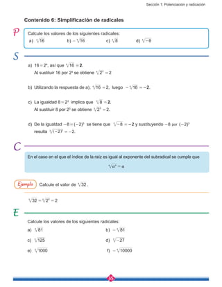 Sección 1: Potenciación y radicación
35
a)	16 = 24
, así que 164
 = 2.
	 Al sustituir 16 por 24
se obtiene 244
 = 2
b)	 Utilizando la respuesta de a), 164
 = 2, luego - 164
 = -2.
c)	 La igualdad 8 = 23
implica que 83
 = 2.
	 Al sustituir 8 por 23
se obtiene 233
 = 2.
d)	 De la igualdad -8 = (-2)3
se tiene que 83
-  = -2 y sustituyendo -8 por (-2)3
	resulta   2 33
-] g  = -2.
Contenido 6: Simplificación de radicales
Calcule los valores de los siguientes radicales:
a) 164
		 b) - 164
		 c) 83
		 d) 83
-
Calcule el valor de 325
.
Calcule los valores de los siguientes radicales:
a) 814
					b) - 814
c) 1253
					d) 273
-
e) 10003
					 f) - 100004
Ejemplo
En el caso en el que el índice de la raíz es igual al exponente del subradical se cumple que
a ann
=
32 2 25 55
= =
 
